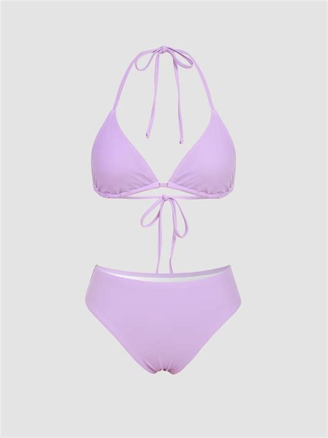 Knit Fabric Halter Triangle Bikini Swimsuit For Vacation Swimming Pool