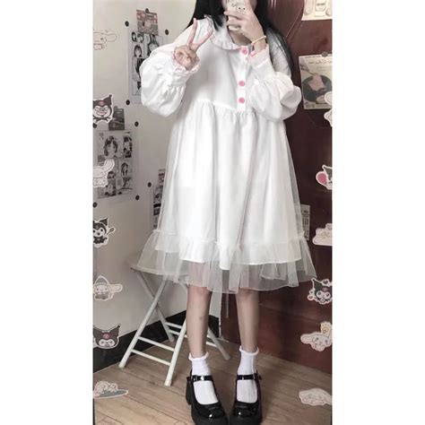 Houzhou Vestido Blanco Kawaii Lolita Para Mujer Vestidos Midi De