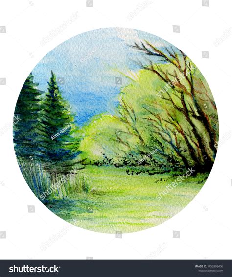 Watercolor Landscape Nature Circle Postcard Stock Illustration ...