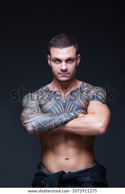 Man Muscular Naked Torso Tattoos On Stock Photo Shutterstock