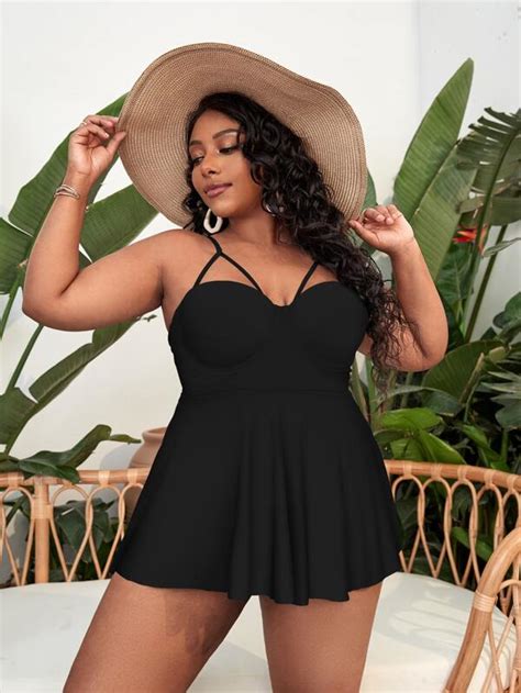 Shein Swim Classy Plus Mono Tankini Set Cut Out Push Up Swim Cami Dress High Waist Bikini