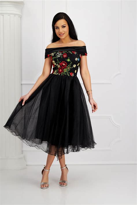 Dress Midi Cloche From Tulle Naked Shoulders Lace Overlay