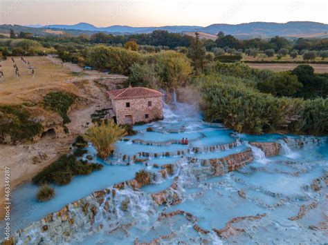 Natural Spa With Waterfalls And Hot Springs At Saturnia Thermal Baths Grosseto Tuscany Italy