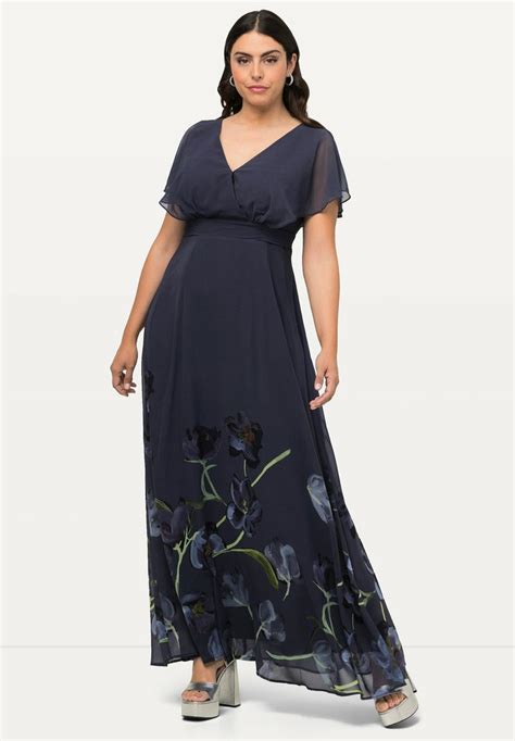 Ulla Popken Floral Layered Cap Sleeve Gown Jerseykjole Night Blue