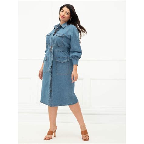 Eloquii Elements Womens Plus Size Belted Denim Utility Dress