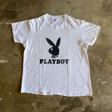 VINTAGE 80s PLAYBOY MAGAZINE BUNNY LOGO WHITE T-SHIRT… - Gem