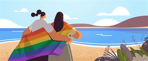 Premium Vector Two Girls Holding Lgbt Rainbow Flag Gay Lesbian Love Parade Pride Festival