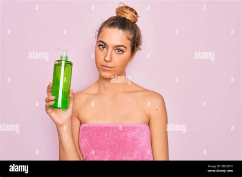 Beautiful Blonde Woman With Blue Eyes Wearing Towel Shower After Bath