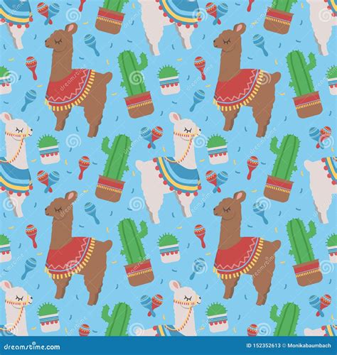 Colorful Seamless Cartoon Pattern For Children With Cute Peruvian Lamas