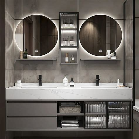 52"- 78" Double Round LED Mirror Bathroom Vanity Set with Double Sink ...