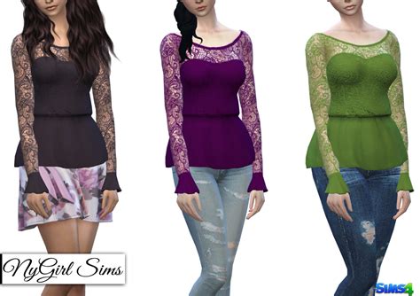 Nygirl Sims 4 Gathered Waist Lace Tops With Ruffle Sleeves