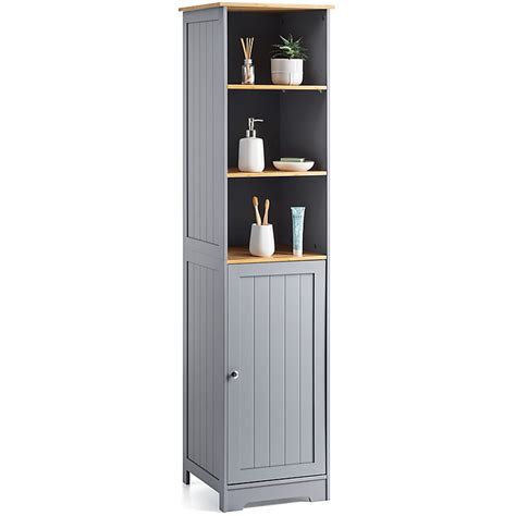 Bathroom Shelf Cabinet Grey Bamboo Freestanding Tallboy Storage Unit Christow Diy At Bandq