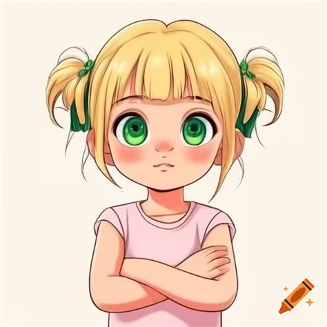 Anime Girl With Blonde Hair And Green Eyes Wearing Light Pink Shirt Arms Crossed On Craiyon