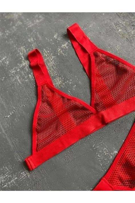 Red Fishnet Lingerie Set Embroidery Lace Lingeriefishnet Bra Etsy Uk