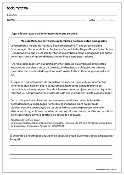 Atividades sobre quilombos (para imprimir) - Toda Matéria