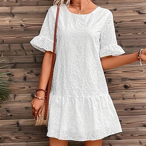 Meichang Eyelet Summer Dresses For Women Crew Neck Short Sleeve Ruffle