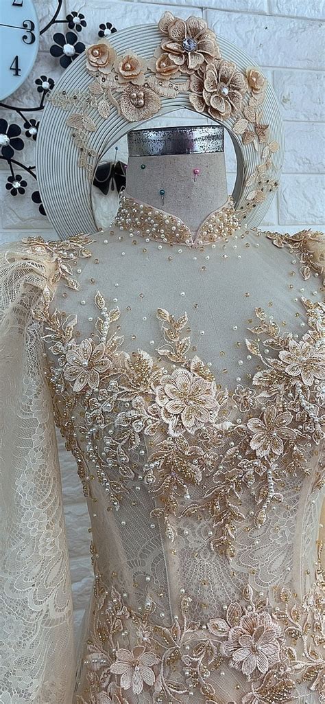 Nude Gold Vietnamese Wedding Ao Dai With Corset Bodice And Lace Optional Head Piece Various