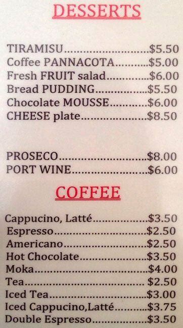 Menu at Fiat Café restaurant, New York City, 203 Mott St