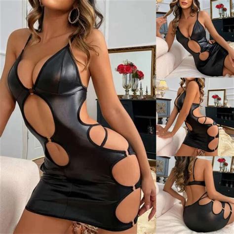 Novo Preto Er Tico Oco L Tex Malha De Couro Bodysuit Para As Mulheres Lingerie Sexy