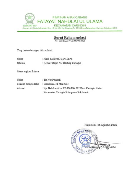 surat rekomendasi fatayat