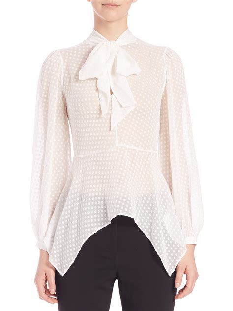 Bcbgmaxazria Silk Polka Dot Tie Neck Blouse In White Lyst