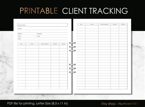 Printable client tracking client log page hairstylist client data