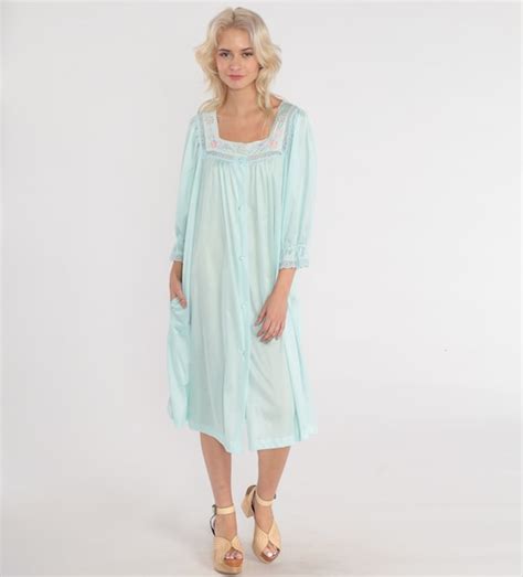 70s Pajama Dress Blue Midi Nightgown Lingerie Dress B Gem