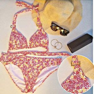 Old Navy Swim Coral Floral Print W Gold Hardware Triangle Bikini Top Bottom Poshmark