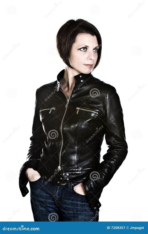 Attractive Brunette In Fashion Leather Jacket Royalty Free Stock