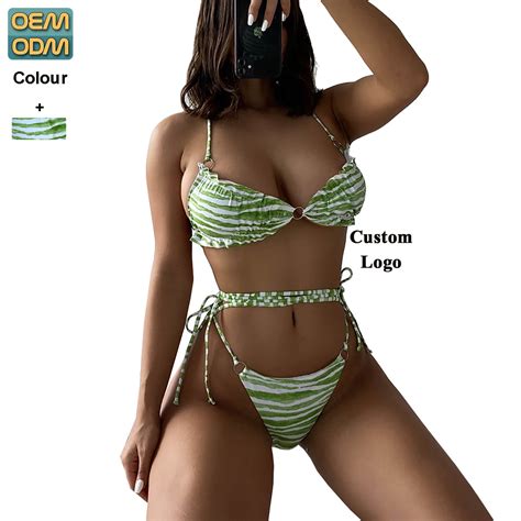 Womens Sexy Lace Up Low Waisted Thong Bikini Set Zebra Print Two Piece Swimsuits Bathing Suit