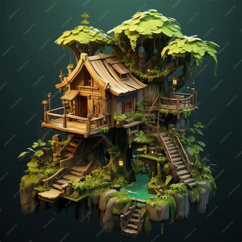Premium Photo | A low poly treehouse hidden in the jungle