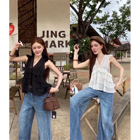 Nn100 เสื้อ ซีฟอง ตกแต่งลูกไม้รอบตัว เชือกผูกหลัง น่ารักหวานๆ Shopee