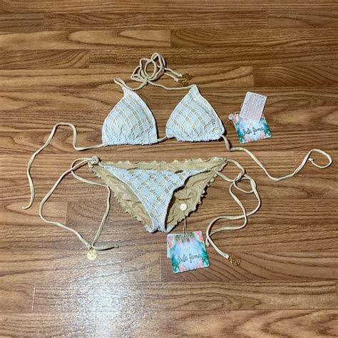 Luli Fama Swim Luli Fama Diamants De Coral Tieside Ruched Bikini Gold And White New Sm