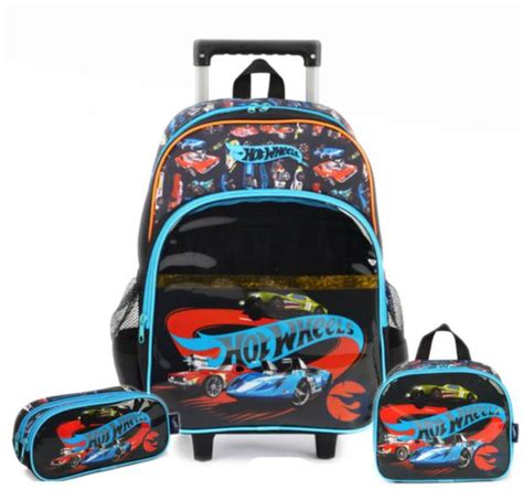 Mochila De Rodinhas Hot Wheels Lancheira E Estojo Infantil Luxcel Kit Mochila Infantil