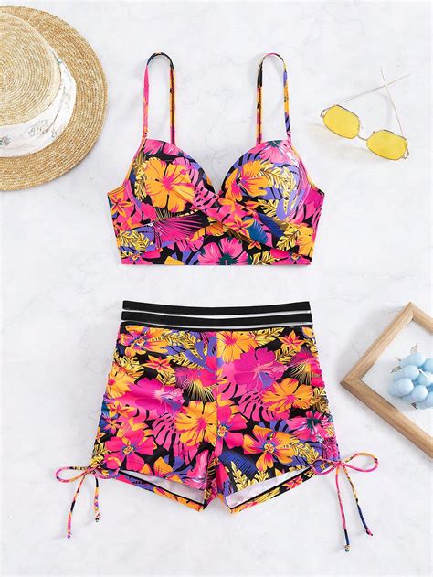 Tropical Print Push Up Shorts Bikini Swimsuit SHEIN UK