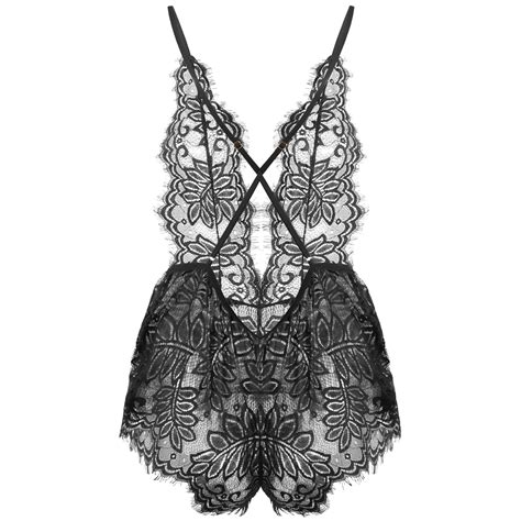 Eyelash Lace Spaghett Strap Bodysuit Women Deep V Neck Teddy Lingerie Pq