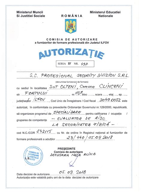 Autorizatii PROFESIONAL GROUP Cursuri De Calificare Si Specializare