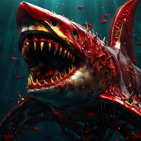 Prompt Detailed Bionic Shark Covered In Red Blood Golden Fins Sharp