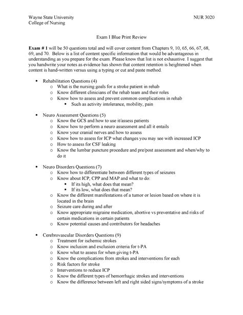 Exam Blueprint Study Guide Exam Wayne State University Nur