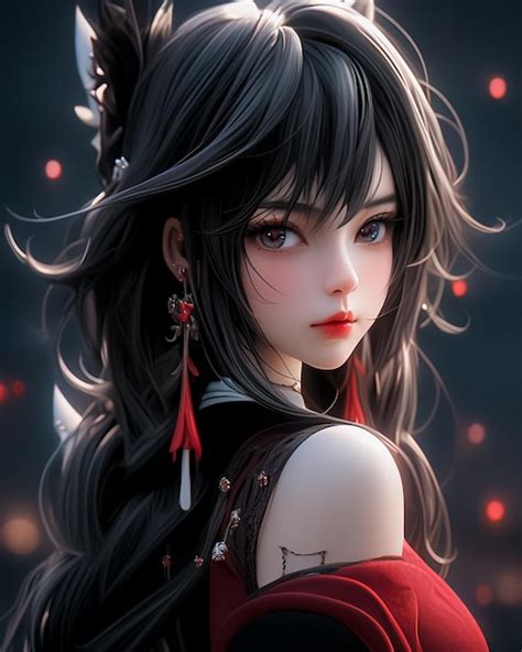 Cute Realistic 3D cartoon Girl with Long Hair in Red black Japanese ...