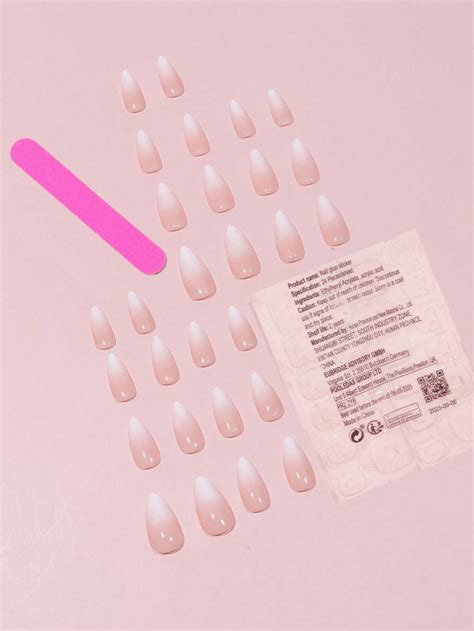 Get Glamorous With 28pcs Long Almond Nude Ombre Glossy Fake Nail 1pc Nail File 1sheet Nail