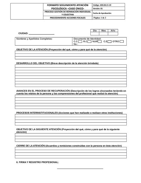 Planilla De Atencion Psiologica Formato Seguimiento Atenci N