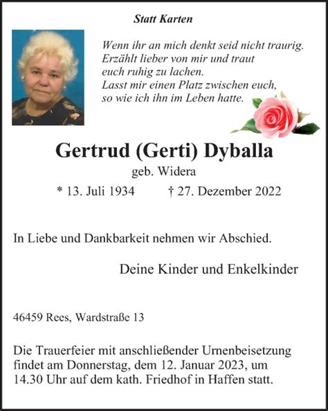 Traueranzeigen Von Gertrud Dyballa Trauer In Nrw De