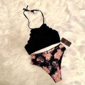 Shekini Swim Shekini Black Floral Scallop Halter Bikini Poshmark