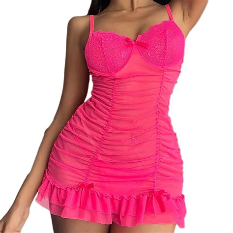 Diskebuiss Women Lingerie Sexy Chemise Nightgown Lace Bodycon Pleated Camisole Skirt Sleepwear