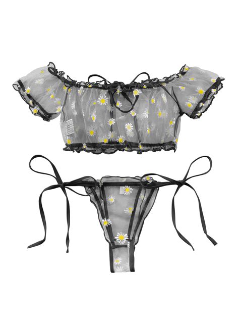 Snapklik Sexy Stretch Ruffle Tie Sheer Mesh Lingerie Set Piece Women Kawaii Cute See