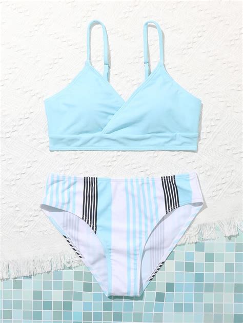 Conjunto De Mai Bikini De Pesco O Cruzado Listrado Para Meninas Pr Adolescentes Praia De