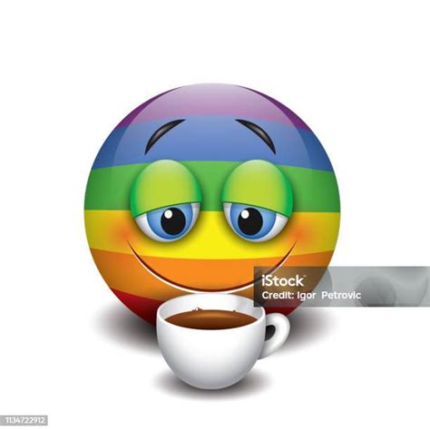 Emoticon Mengantuk Lucu Minum Kopi Emoji Tersenyum Ilustrasi Vektor