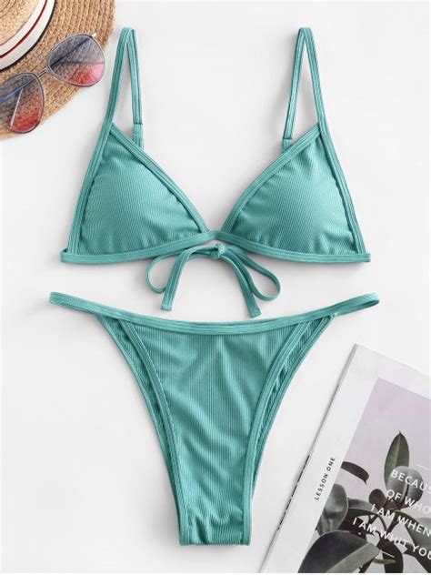 Off Zaful Ribbed Tie String Bikini Swimsuit In Medium Aquamarine Zaful
