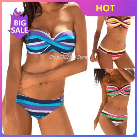 Sexy Women Chromatic Stripe Bikini Set Push Up Bra Swimsuit Swimwear Triangle Beachwear Swimming